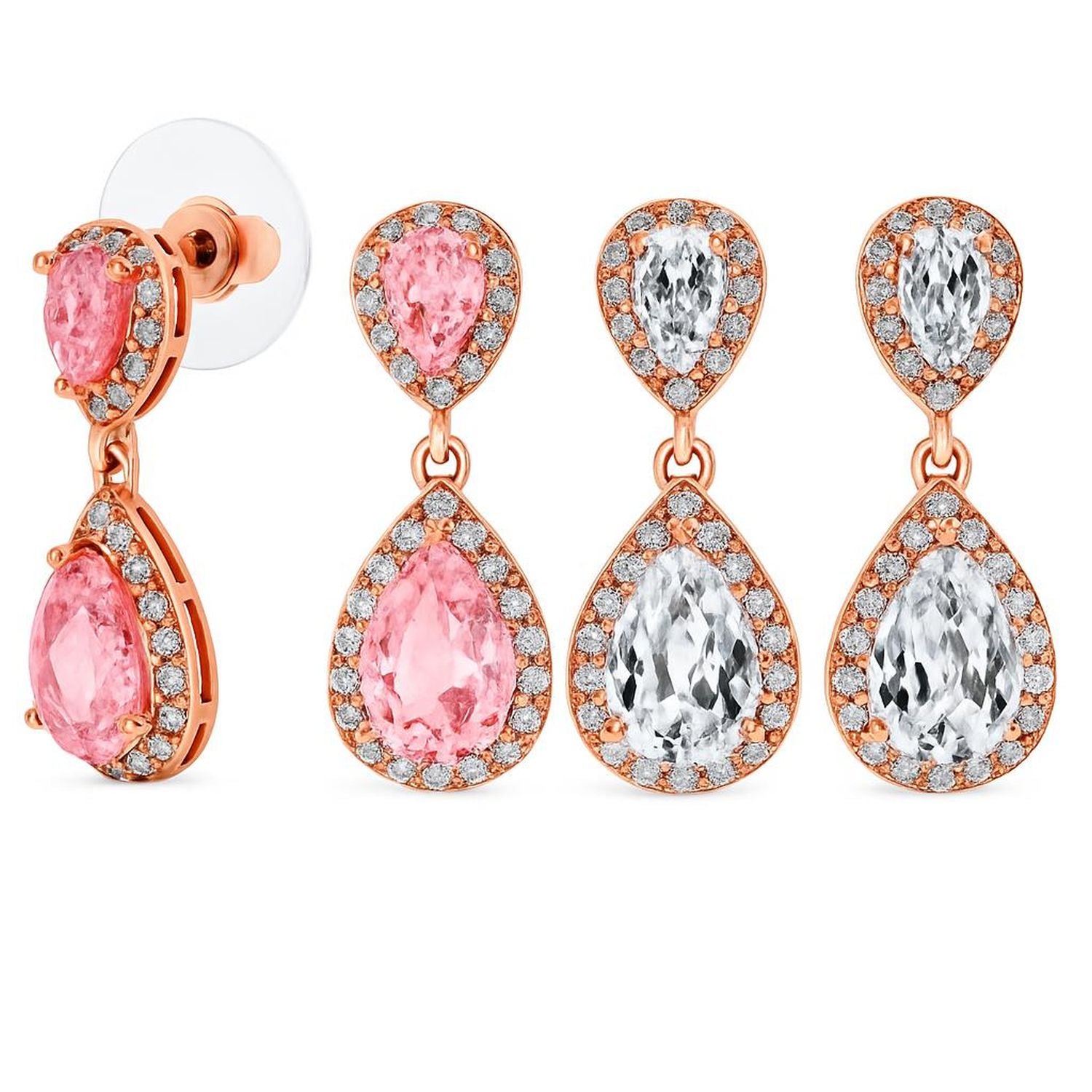 Set of 2 Bridal Pink & Clear CZ Dangle Chandelier Earrings Rose Gold Plated