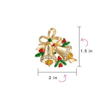 Set of 2 Large Colorful Crystal Holiday Christmas Tree & Bells Brooche Pin Gold Plated