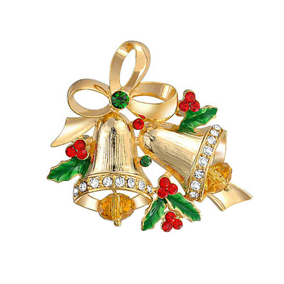 Set of 2 Large Colorful Crystal Holiday Christmas Tree & Bells Brooche Pin Gold Plated