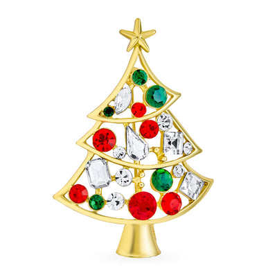 Sparkling Crystal Christmas Tree Brooche Pin Red Green White Gold Plated