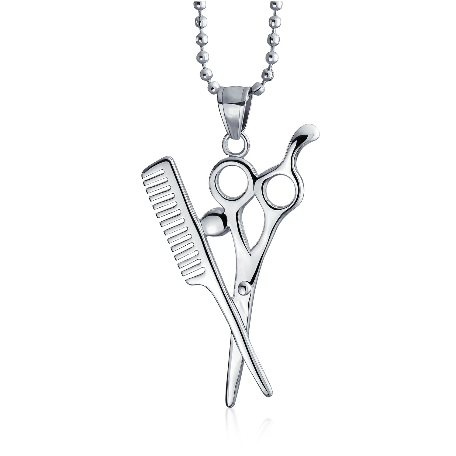 Whimsical Scissors Comb Pendant Necklace Crystal Accent Stainless Steel Chain