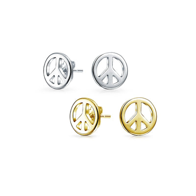 Set of 2 Dainty World Peace Sign Stud Earrings Gold Plated Sterling Silver