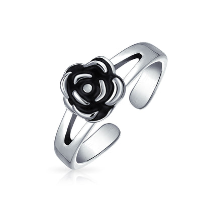 Set of 2 Daisy Flower and Black Rose Midi Band Toe Ring Oxidized Sterling Silver