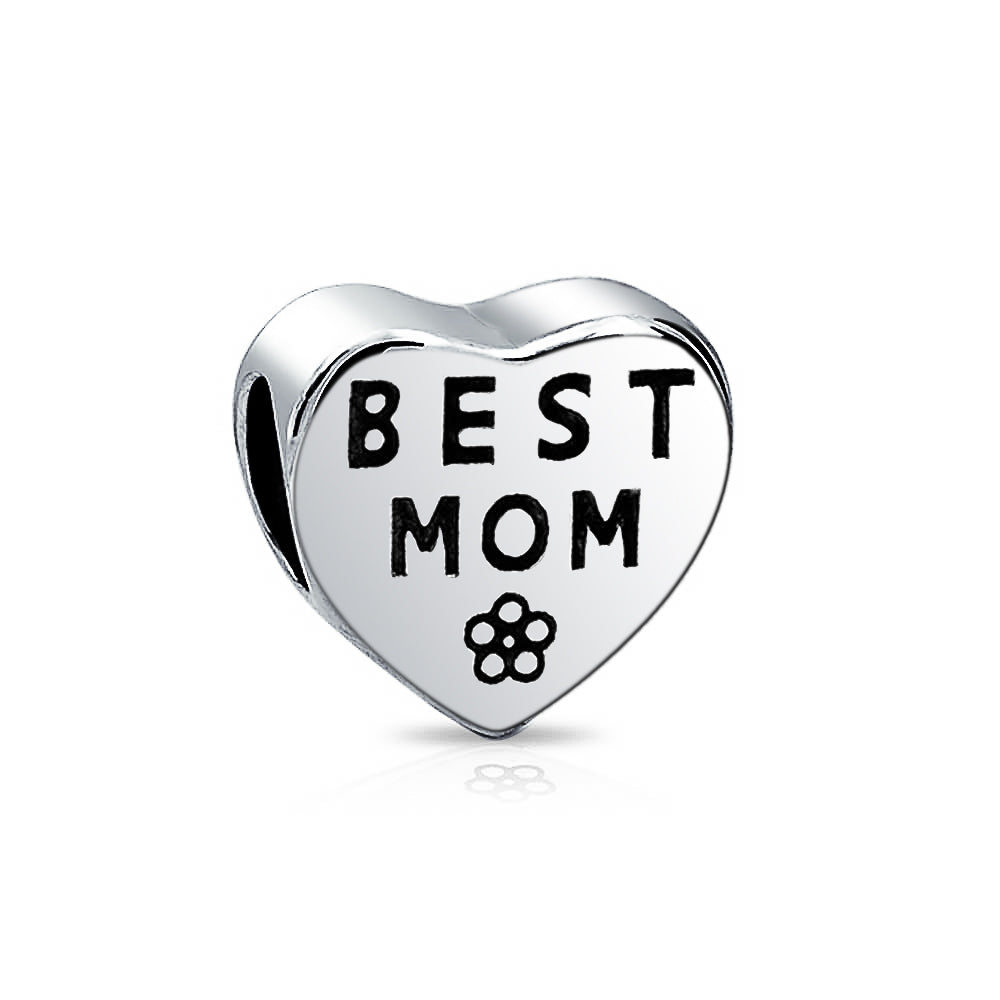 Heart Flower 'Best Mom' Charm Bead for Mother Sterling Silver Fits European Bracelet