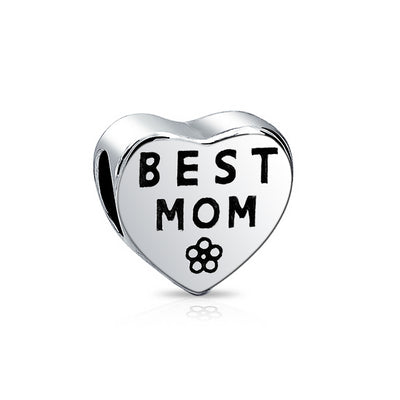 Heart Flower 'Best Mom' Charm Bead for Mother Sterling Silver Fits European Bracelet