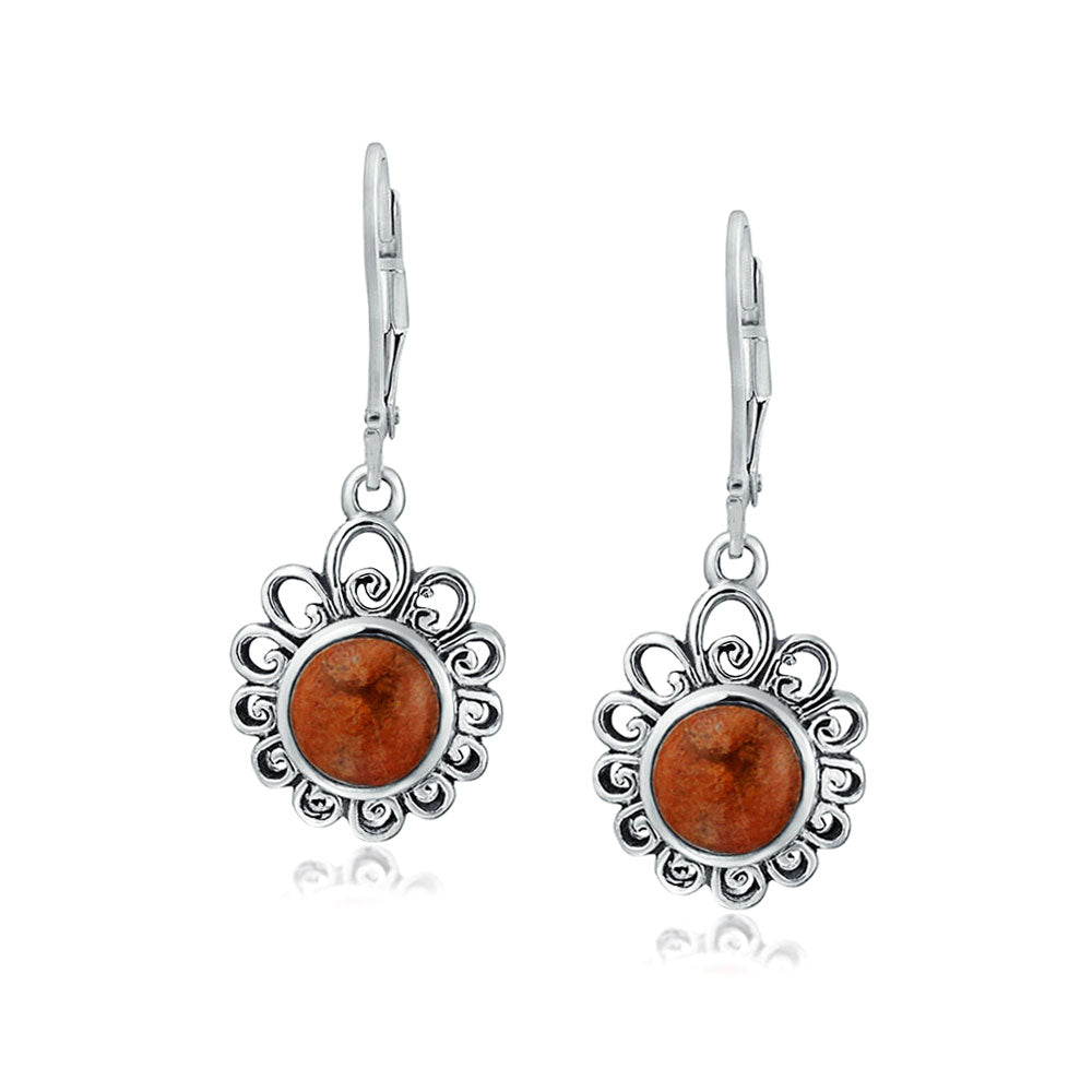 Filigree Round Red Coral Bezel Gemstone Drop Earrings Sterling Silver ...