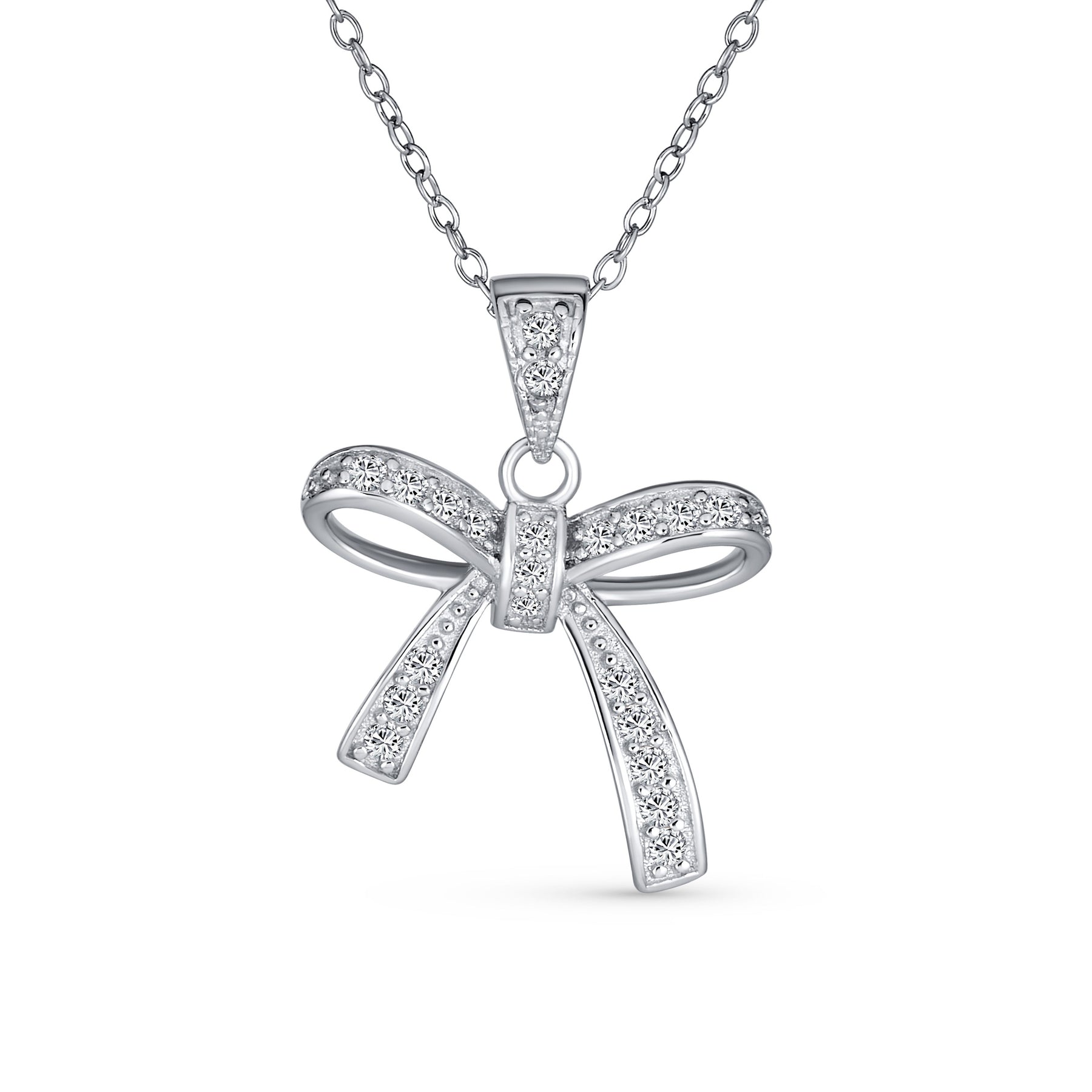 Dainty Cubic Zirconia Pave CZ Station Ribbon Bow Pendant Necklace .925 Sterling Silver