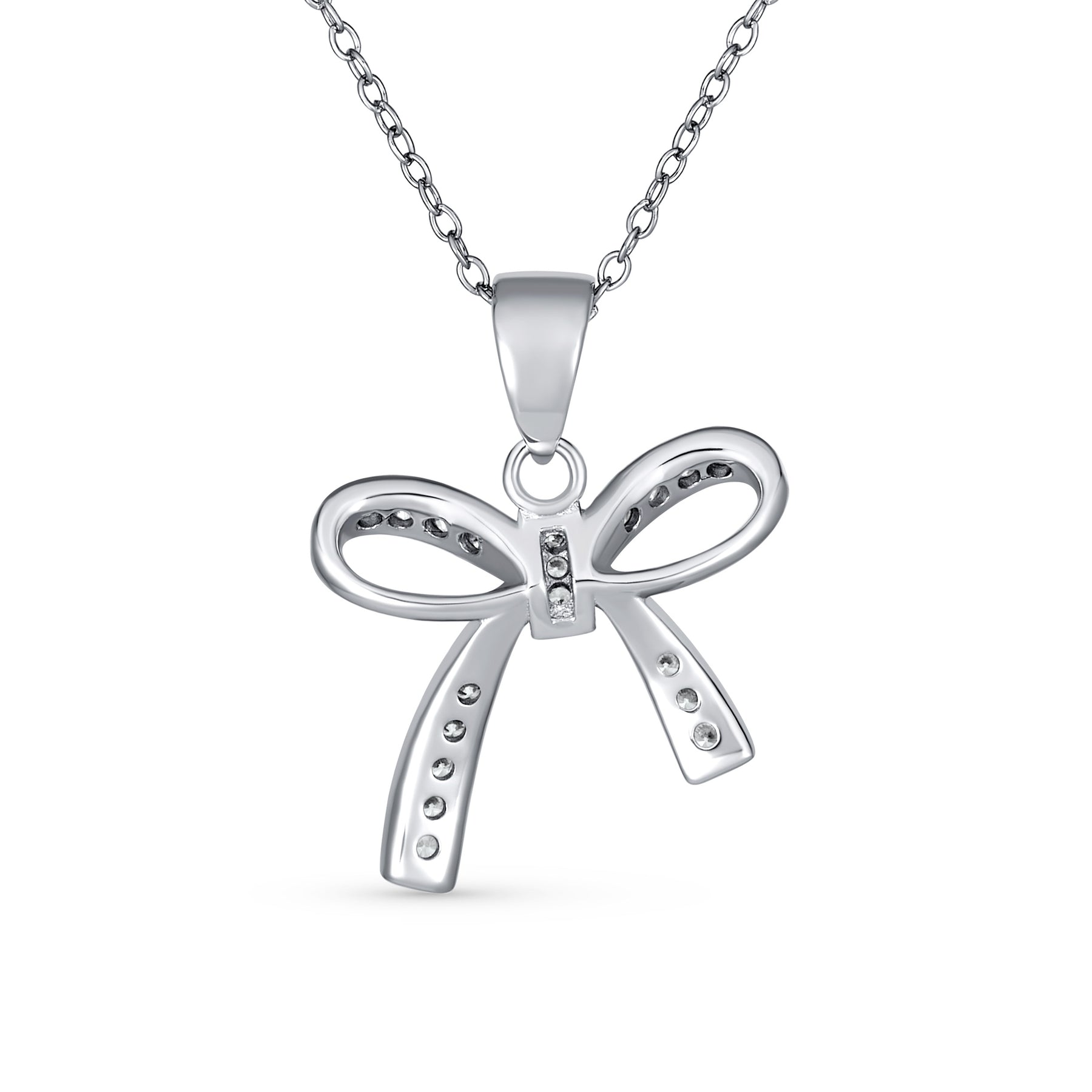 Dainty Cubic Zirconia Pave CZ Station Ribbon Bow Pendant Necklace .925 Sterling Silver