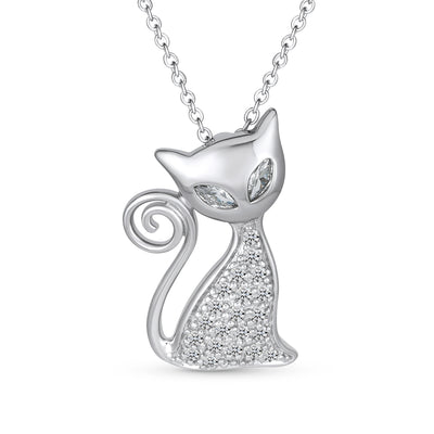 Charming BFF Curly Tail Kitty Cat Pendant Necklace CZ Pet Jewelry in Silver