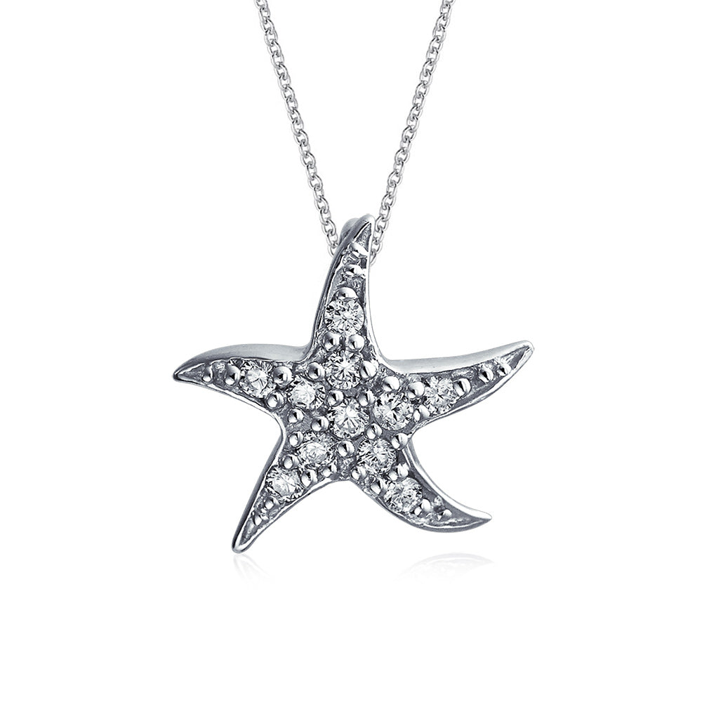 Nautical Beach Small Starfish Pave CZ Pendant Necklace Sterling Silver 0.55 Inch