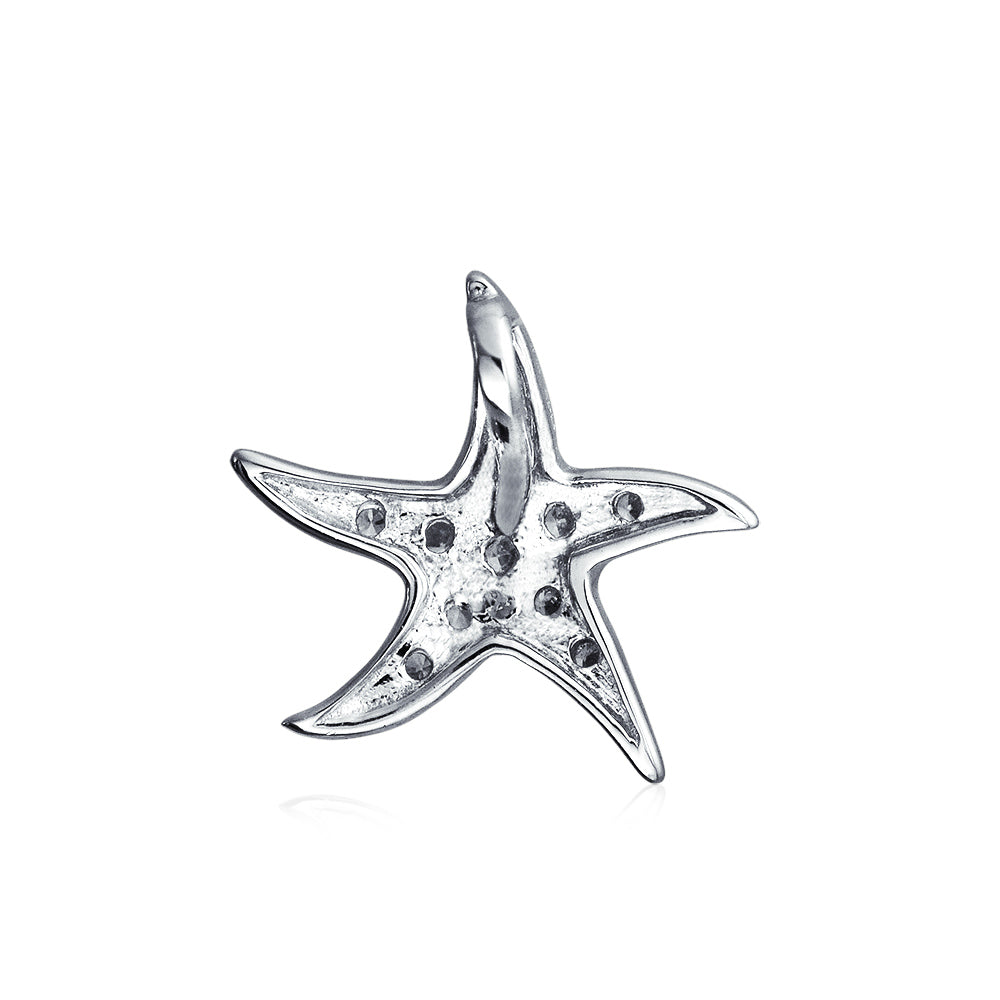 Nautical Beach Small Starfish Pave CZ Pendant Necklace Sterling Silver 0.55 Inch