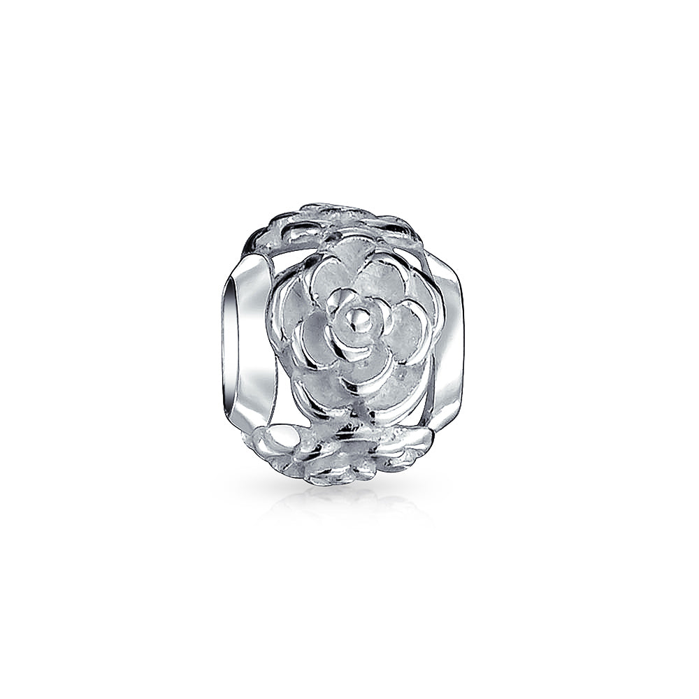 Black Rose Charm Bead Sterling Silver for European Bracelet - Floral Garden Design