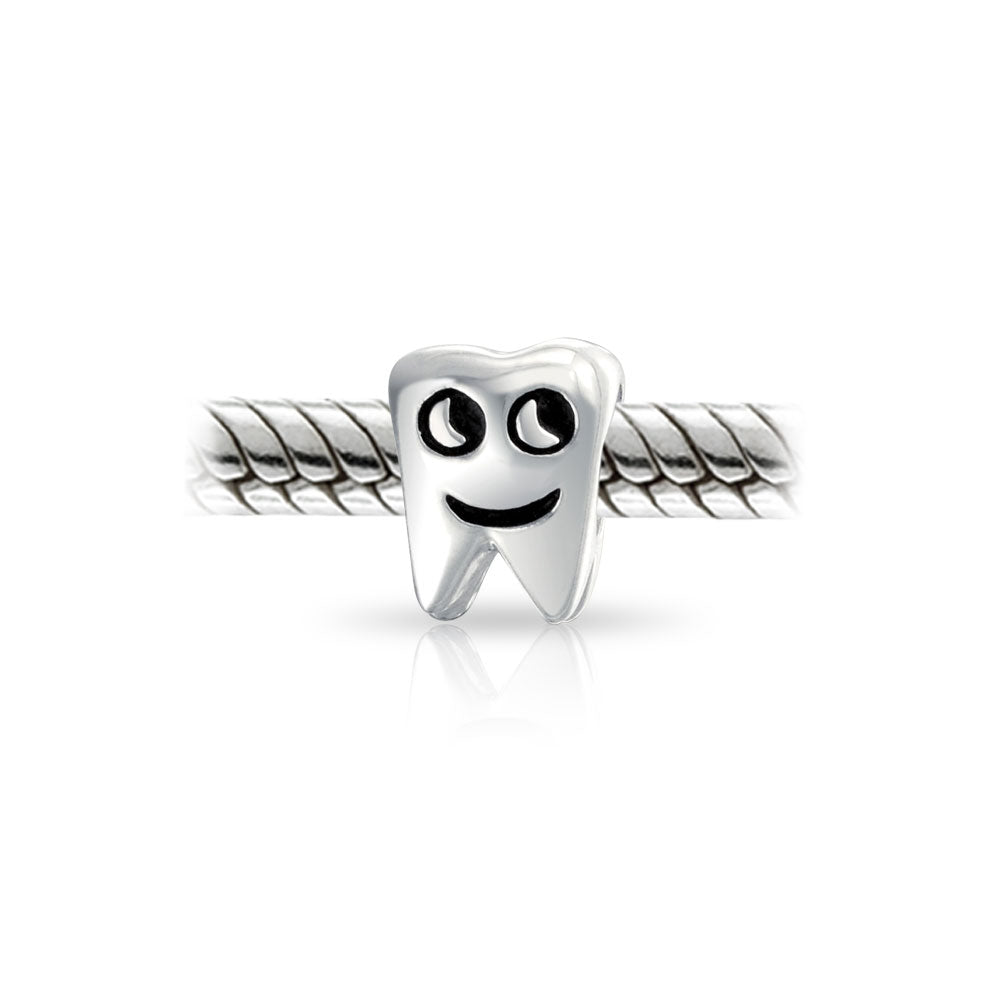 Set of 2 Smiling Tooth and Fairy Dentist Charm Bead Oxidized Sterling Silver