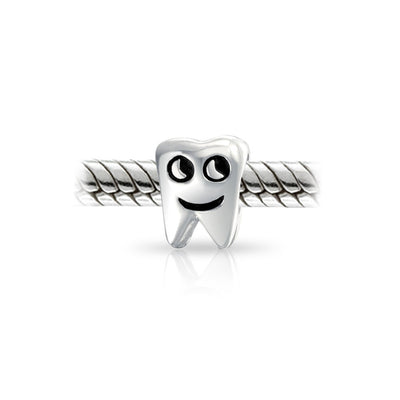 Set of 2 Smiling Tooth and Fairy Dentist Charm Bead Oxidized Sterling Silver