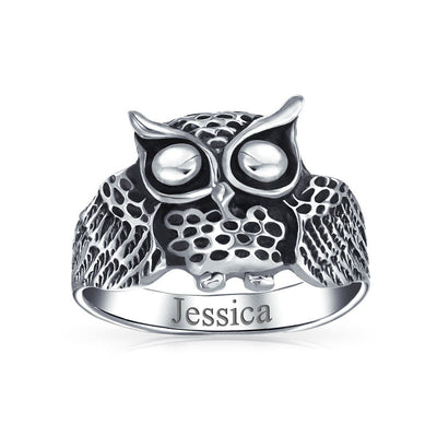 Silver Ring: Wise Bird Night Owl Band Oxidized Sterling Sterling