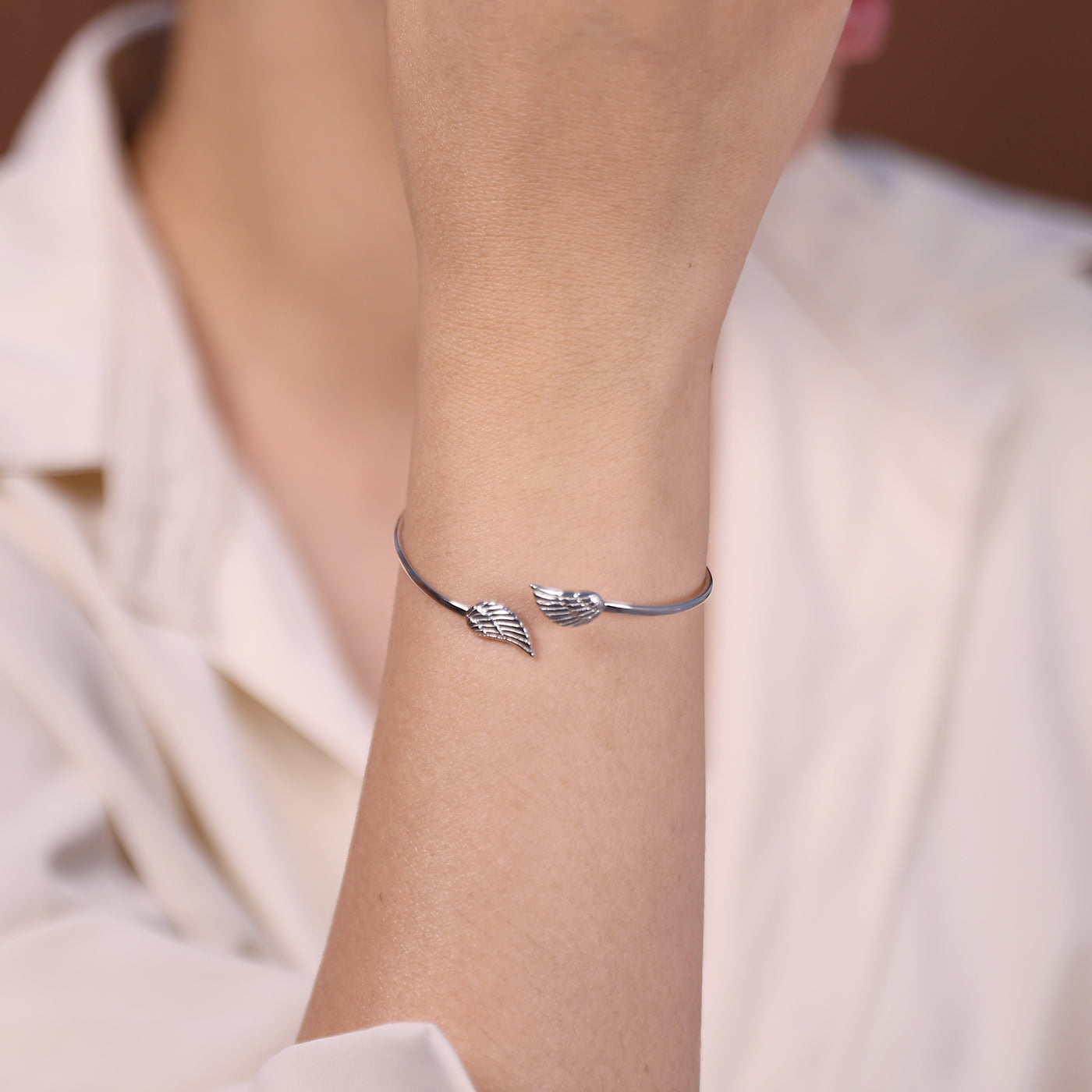 Dainty Guardian Angel Wing Feather Cuff Bracelet in Sterling Silver