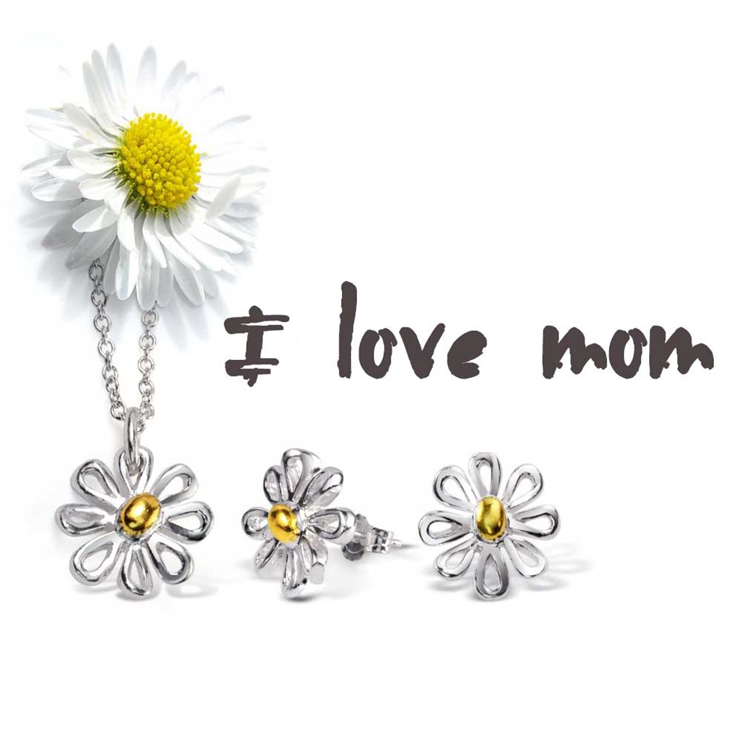 Daisy Pendant Necklace and Stud Earrings Jewelry Set Gold Plated Sterling Silver