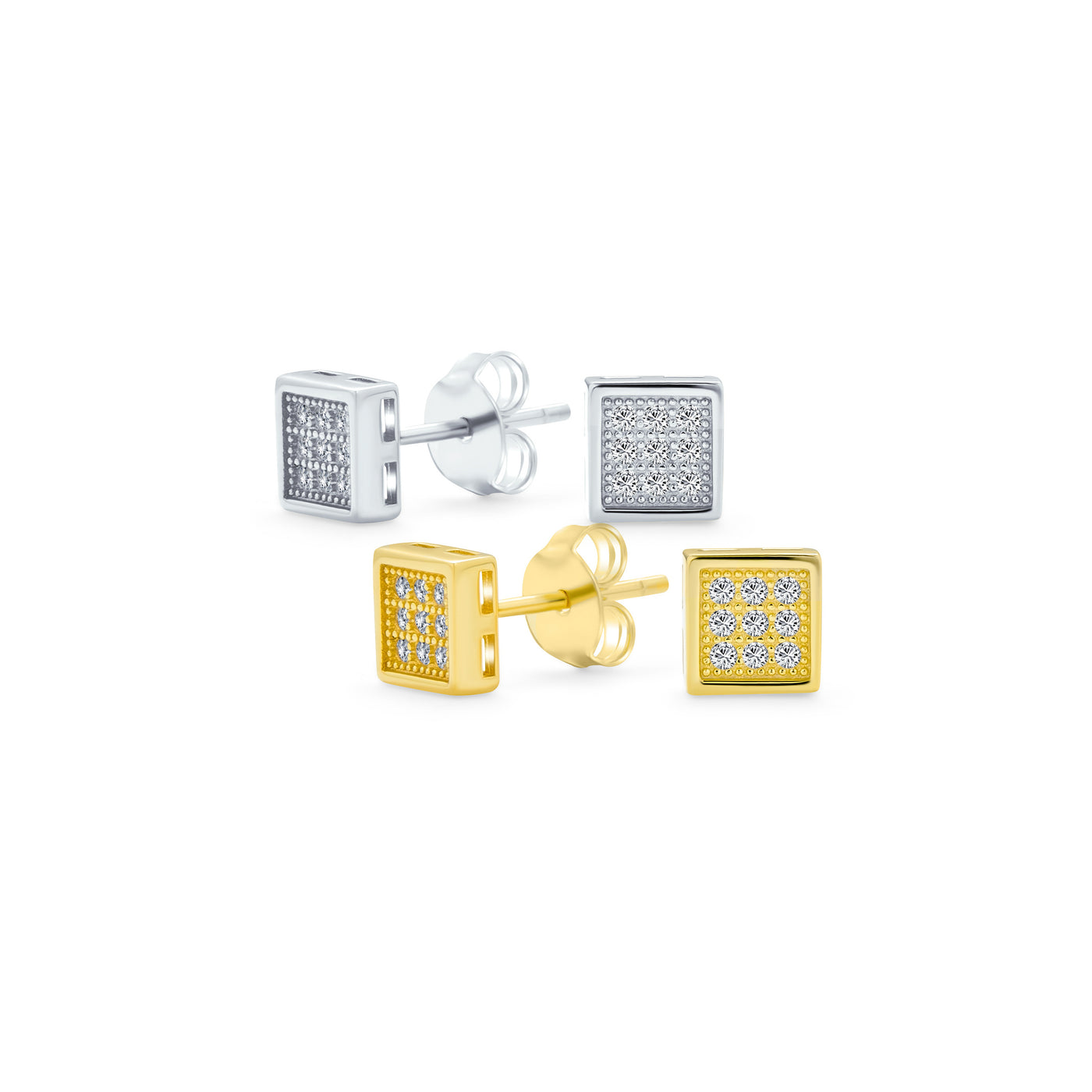 Set of 2 Geometric Square CZ Stud Earrings Gold Sterling Silver