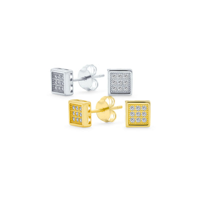 Set of 2 Geometric Square CZ Stud Earrings Gold Sterling Silver