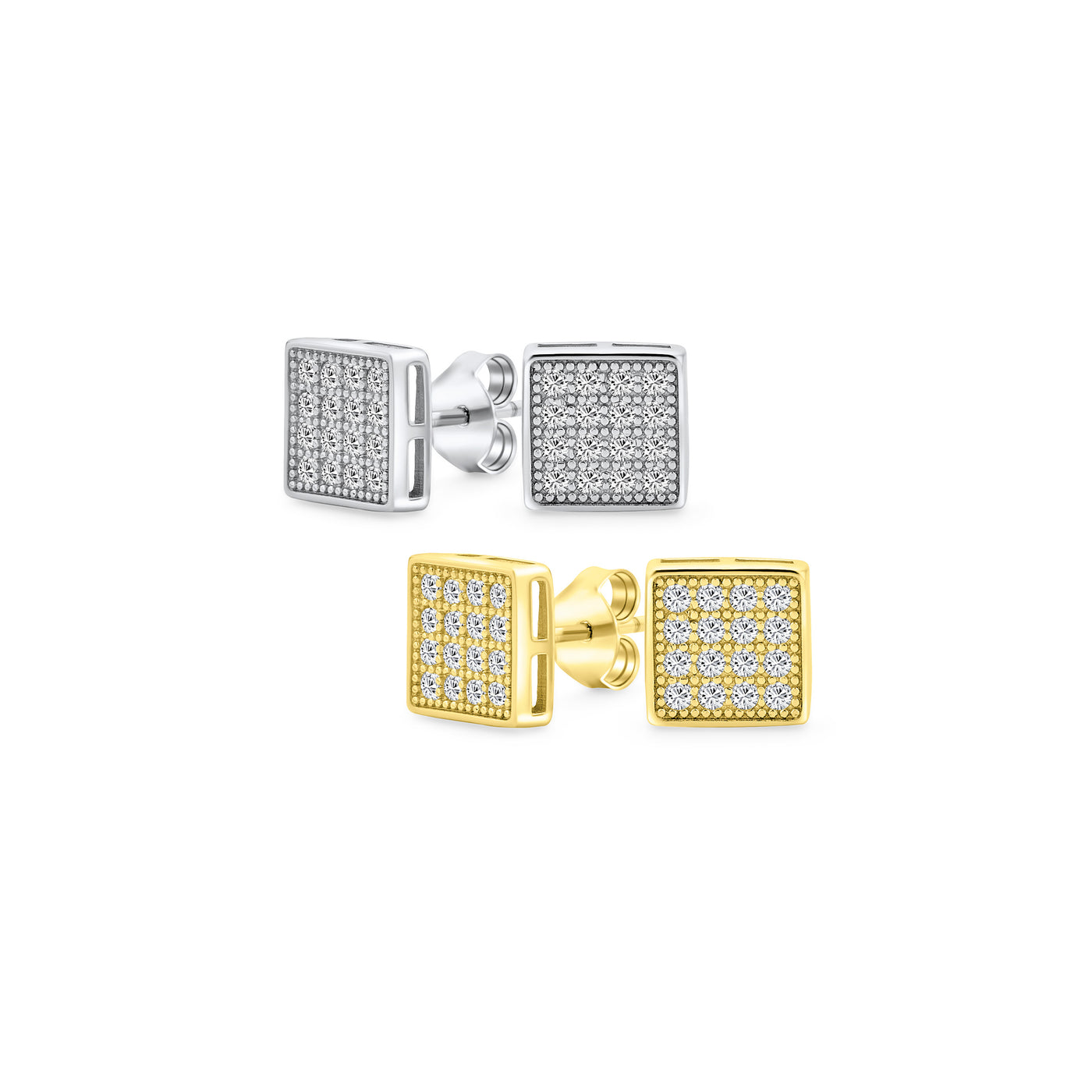 Set of 2 Geometric Square CZ Stud Earrings Gold Sterling Silver