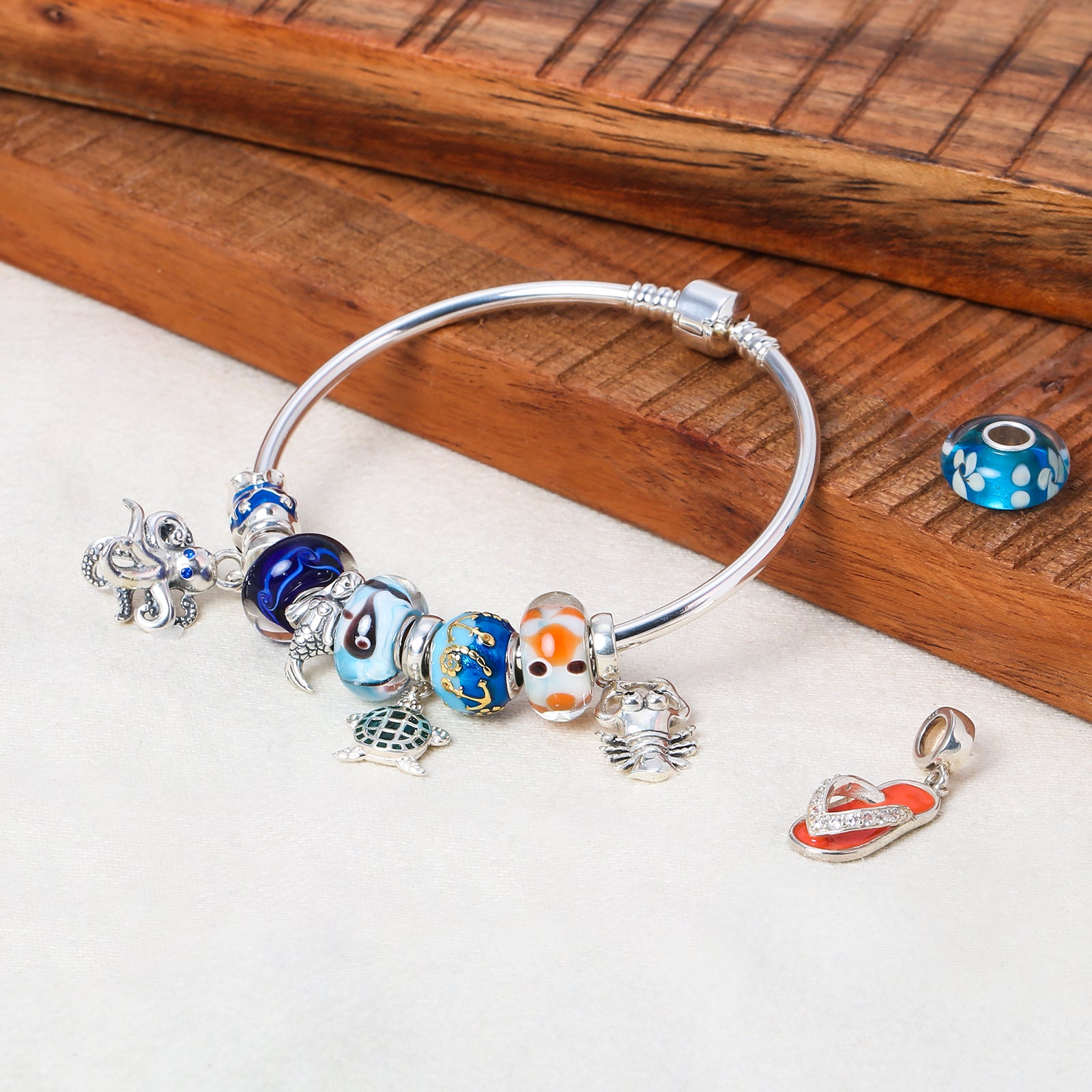 .925 Sterling Silver Nautical Whale Ocean Murano Glass Spacer Charm Bead for Bracelet (Set of 2)