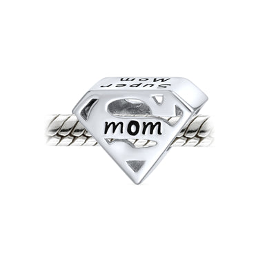 Set of 2 Mother's Day SUPER MOM and BFF Friendship Charm Bead Sterling Silver