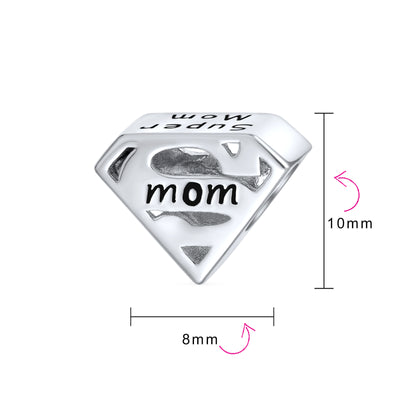 Set of 2 Mother's Day SUPER MOM and BFF Friendship Charm Bead Sterling Silver