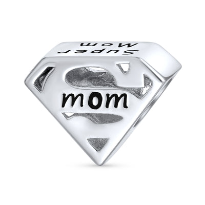 Set of 2 Mother's Day SUPER MOM and BFF Friendship Charm Bead Sterling Silver
