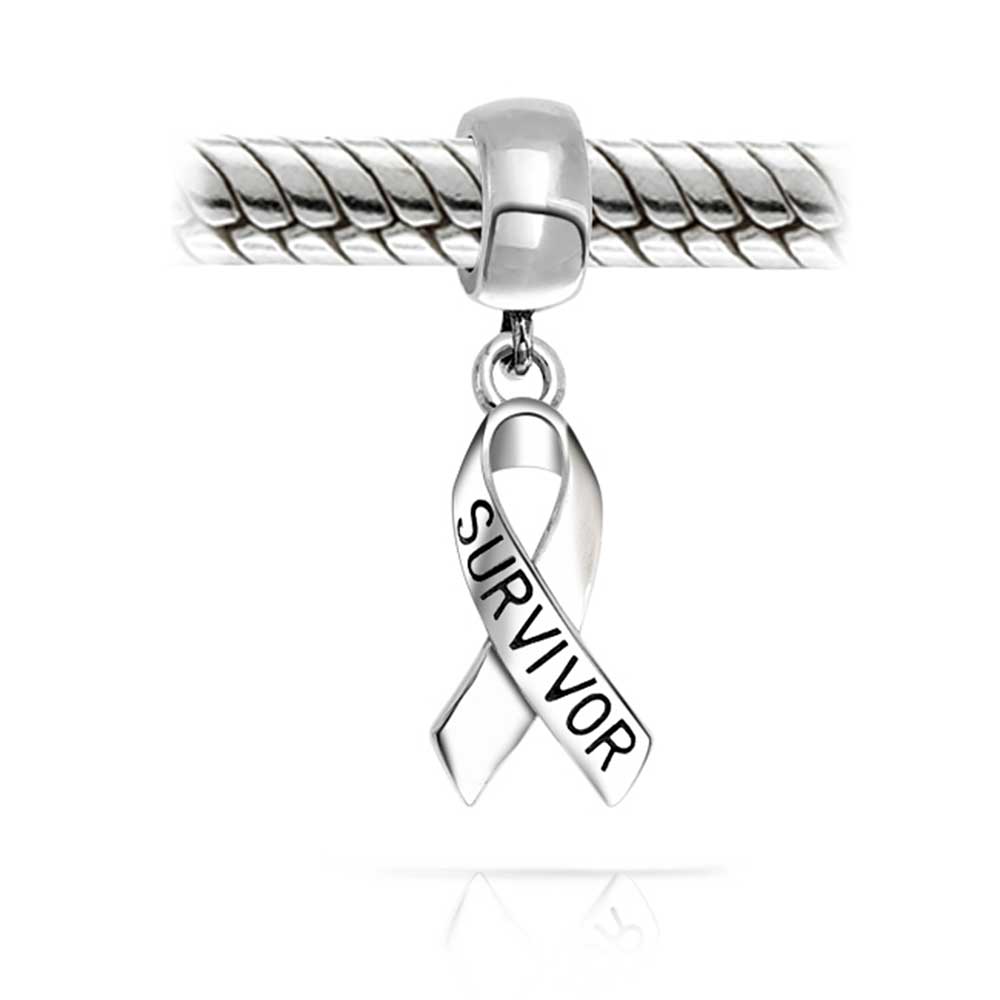 Set of 2 Ribbon Breast Cancer Survivor Message Dangle Charm Bead Silver