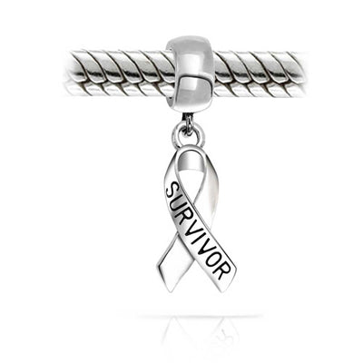 Set of 2 Ribbon Breast Cancer Survivor Message Dangle Charm Bead Silver