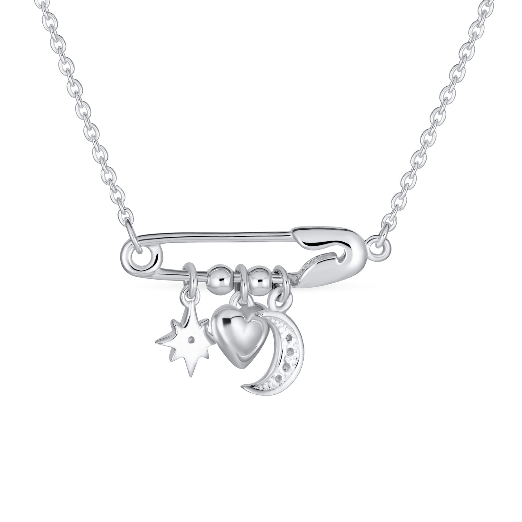 Support Symbol CZ Accent Moon Heart Star Charms Pendant Necklace Sterling Silver