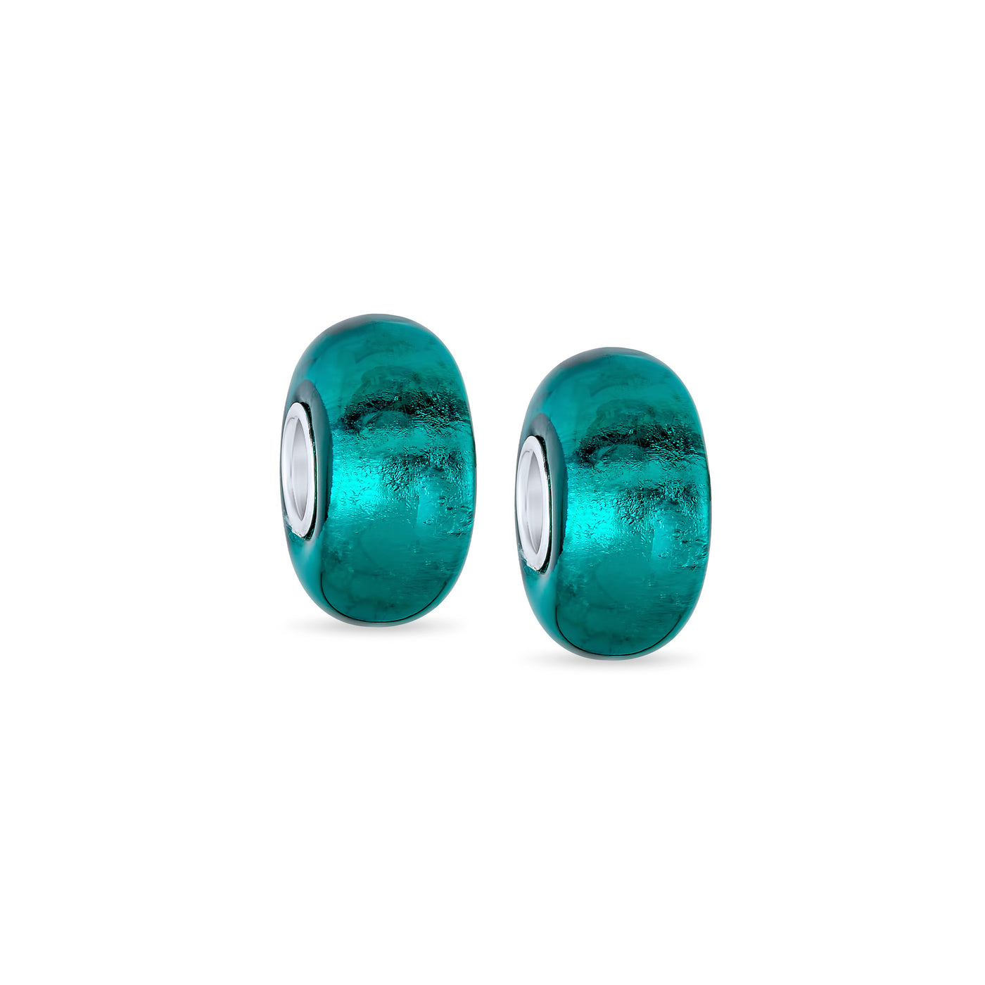 Set of 2 Translucent Solid Teal Blue Green Glass Charm Bead Sterling Silver Core