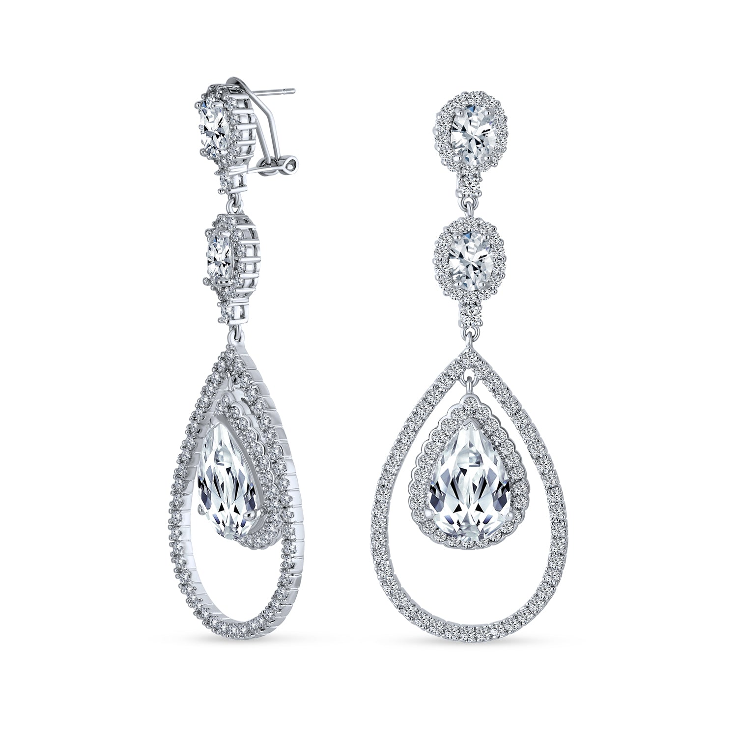 Art Deco Style Green Emerald & White Cubic Zirconia Halo Teardrop CZ Chandelier Earrings (Set of 2)