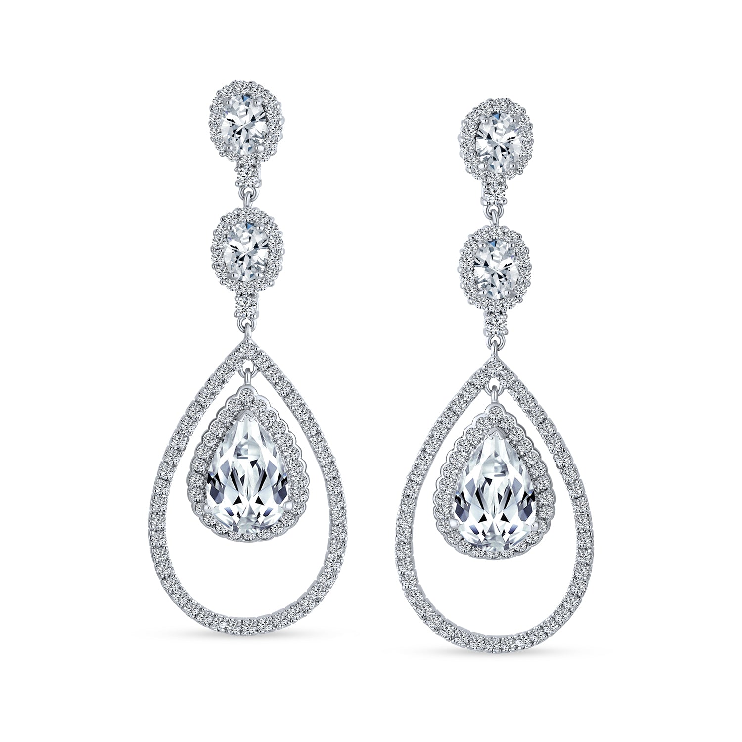 Art Deco Style Green Emerald & White Cubic Zirconia Halo Teardrop CZ Chandelier Earrings (Set of 2)