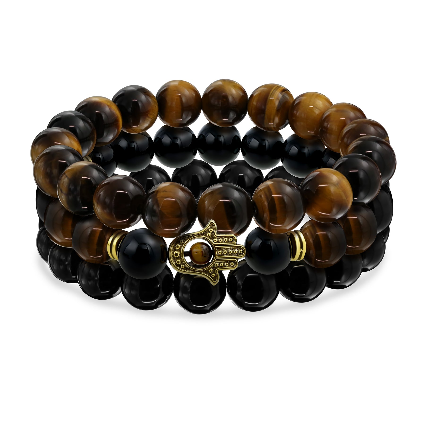 Brown Tiger Eye Black Onyx Hamsa Hand Gemstone Bead Stackable Stretch Bracelet Set of 3 Gold Plated