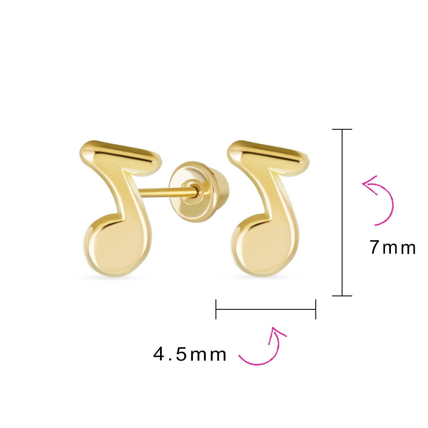 Tiny 14K Yellow Gold Entertainer Music Notes Stud Earrings For Musician Teacher Student Screw Back