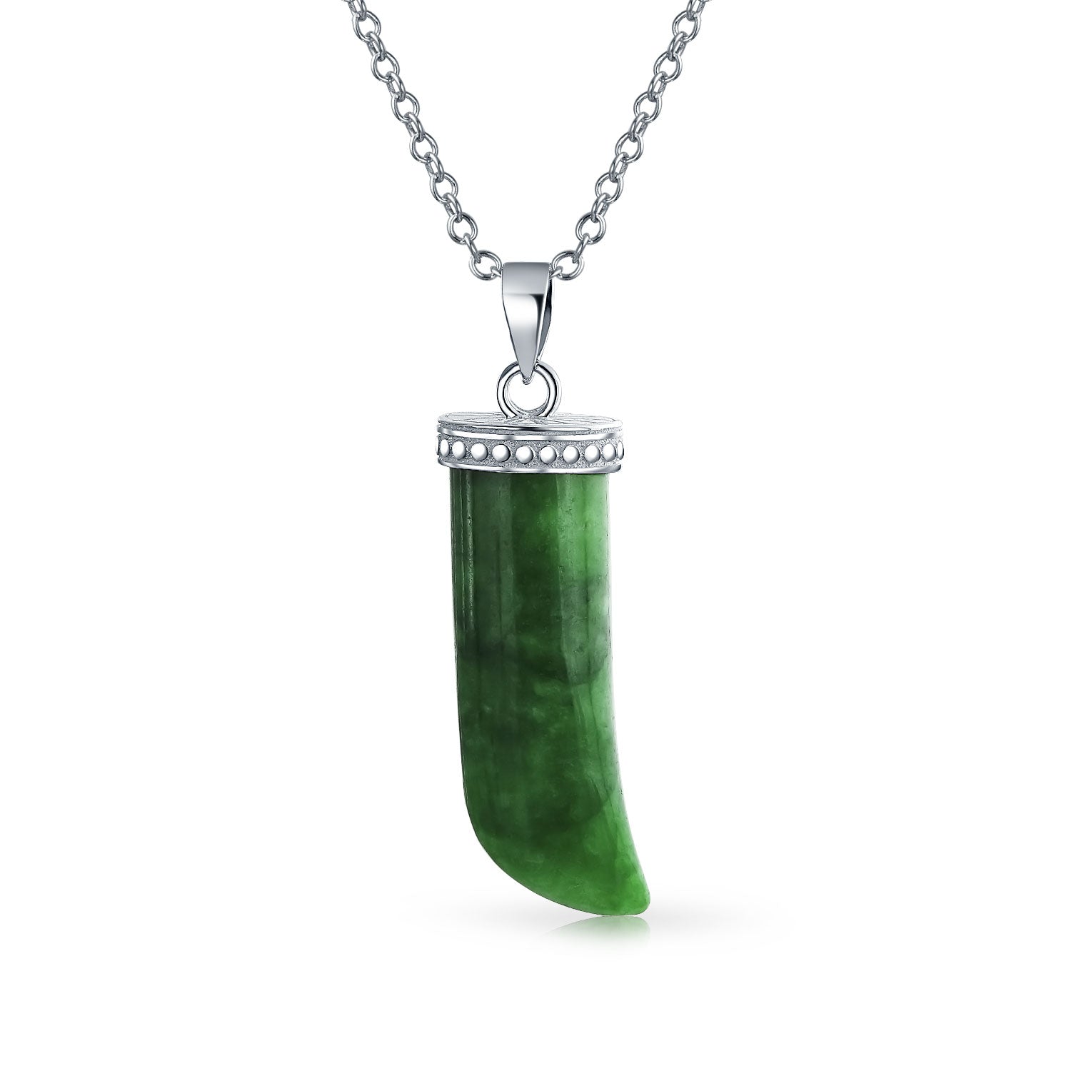 Italian Horn Pendant & Green Jade Hoop Earrings Jewelry Set Sterling Silver