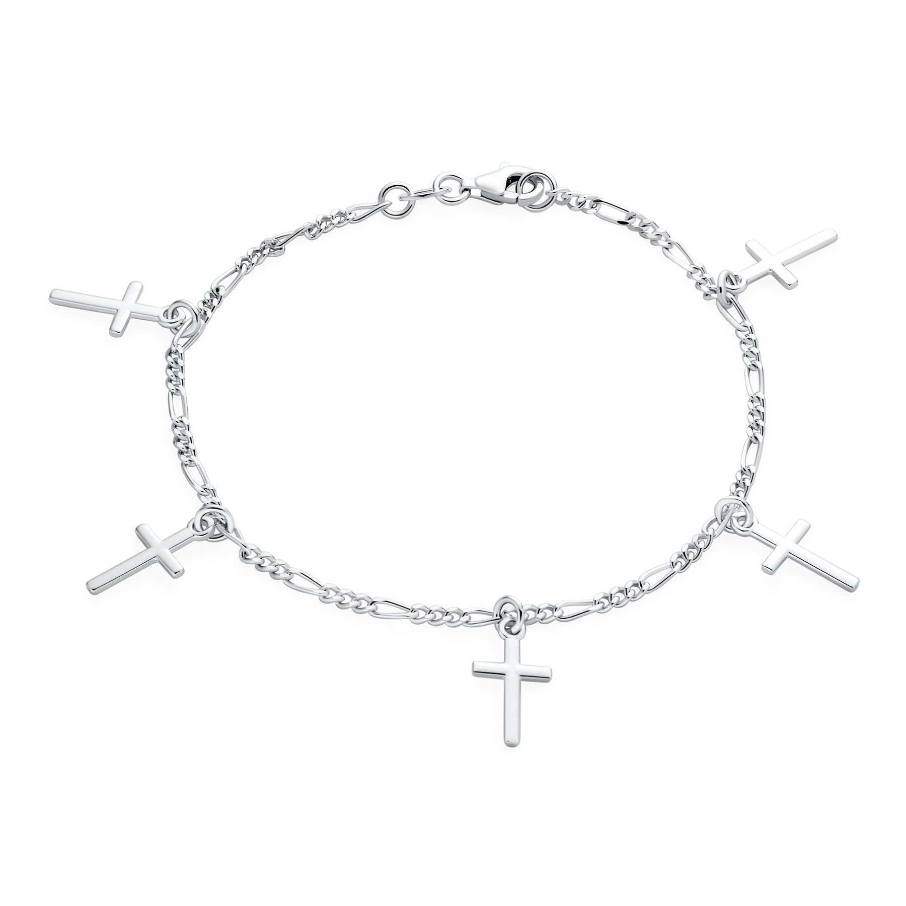 Multi Cross Charm Bracelet Sterling Silver Dainty Religious 5 Dangling Crosses Figaro Chain 7 Inch