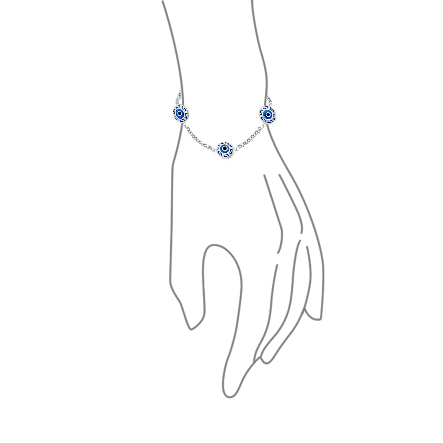 Turkish Protection Blue Evil Eye Multi Charms Bracelet with Greek Motif .925 Sterling Silver 7.5"