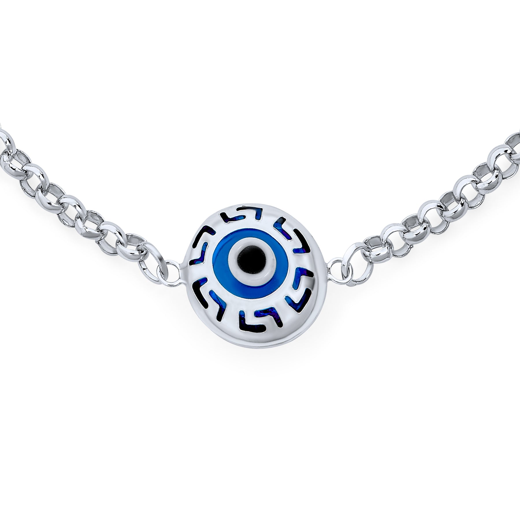 Turkish Protection Blue Evil Eye Multi Charms Bracelet with Greek Motif .925 Sterling Silver 7.5"