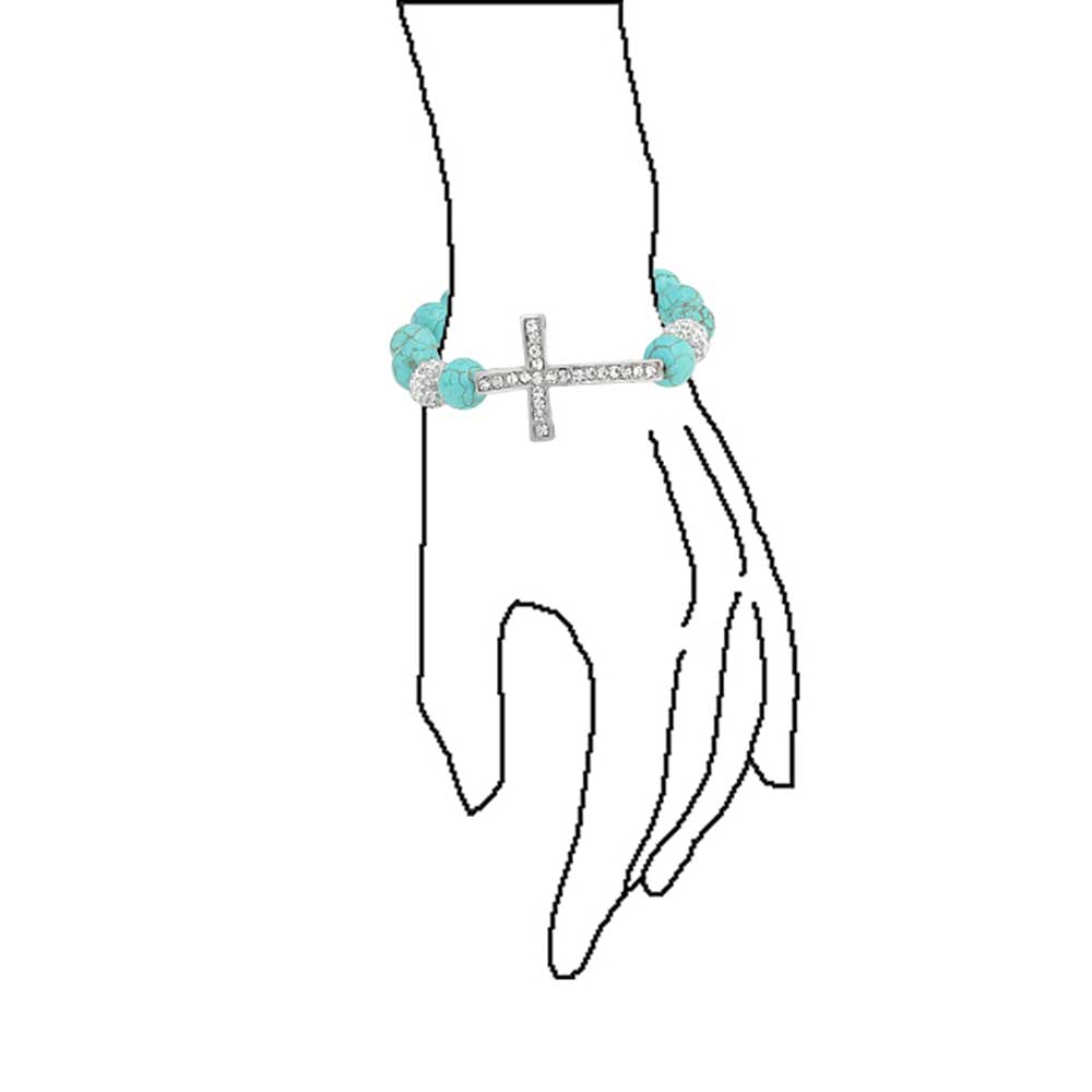 Turquoise Black Onyx Gemstone Sideways Cross Stretch Bracelet Crystal Accent Set of 2 Silver Plated