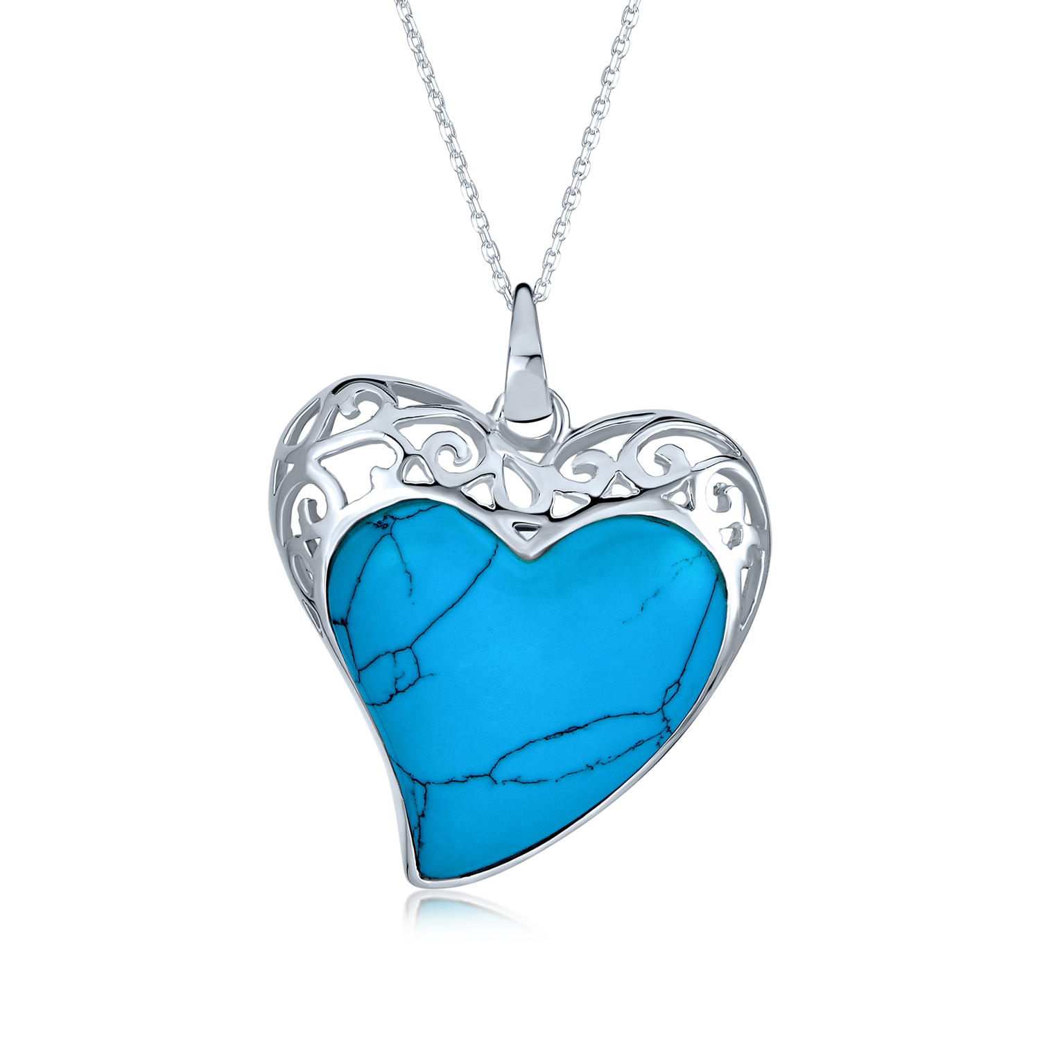 Gemstone Turquoise Filigree Heart Pendant & Stud Earrings Set Sterling Silver
