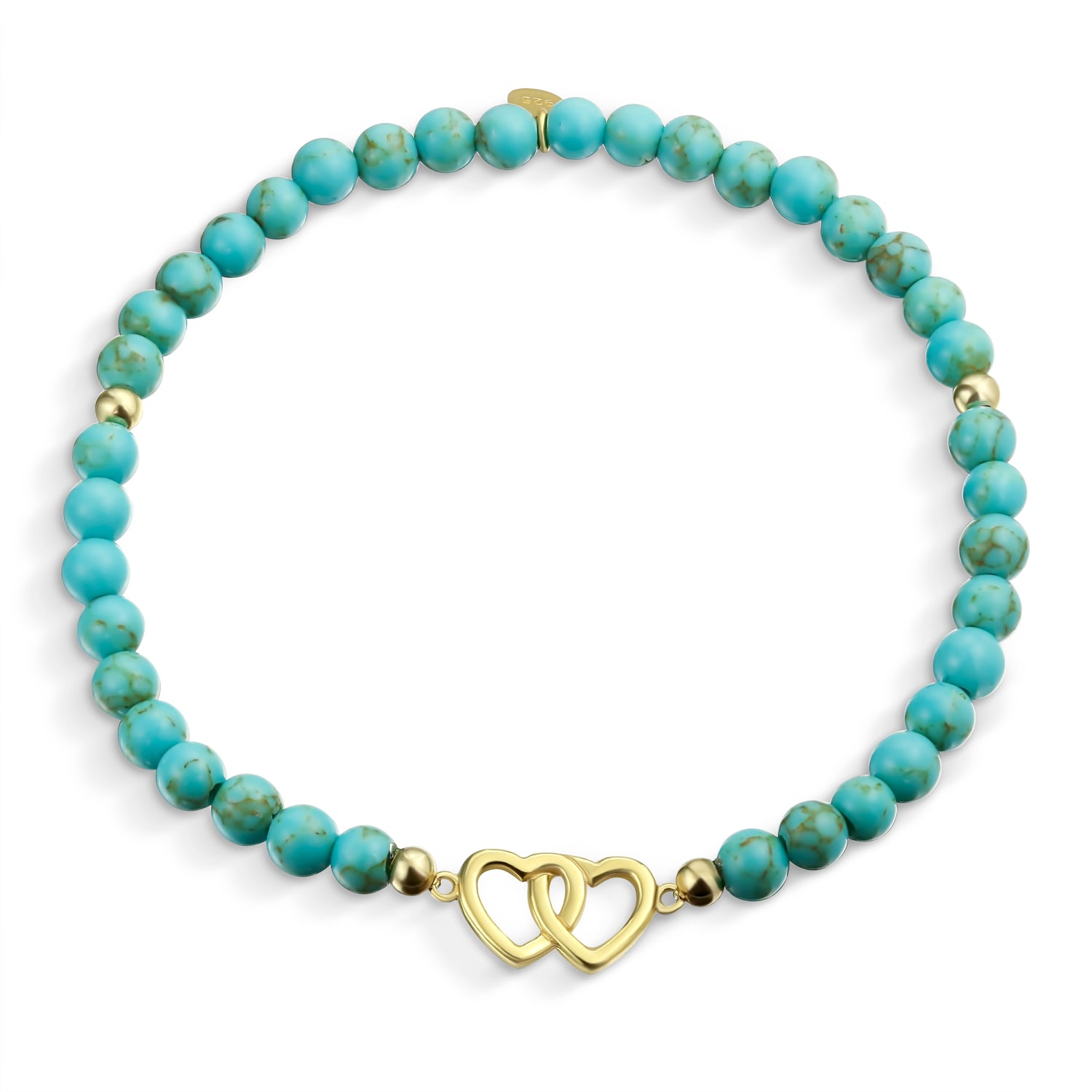 Turquoise Heart Stretch Bracelet .925 Sterling Silver Interlocking Hearts BFF Bead 14K Gold