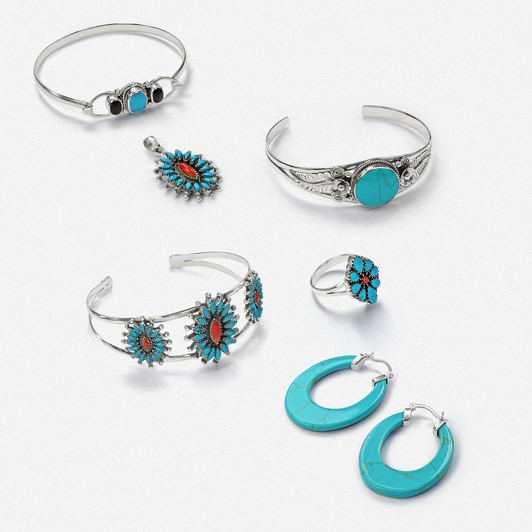 Native American Style Red Blue Turquoise Flower Blossom Statement Cuff Bracelet .925 Sterling Silver