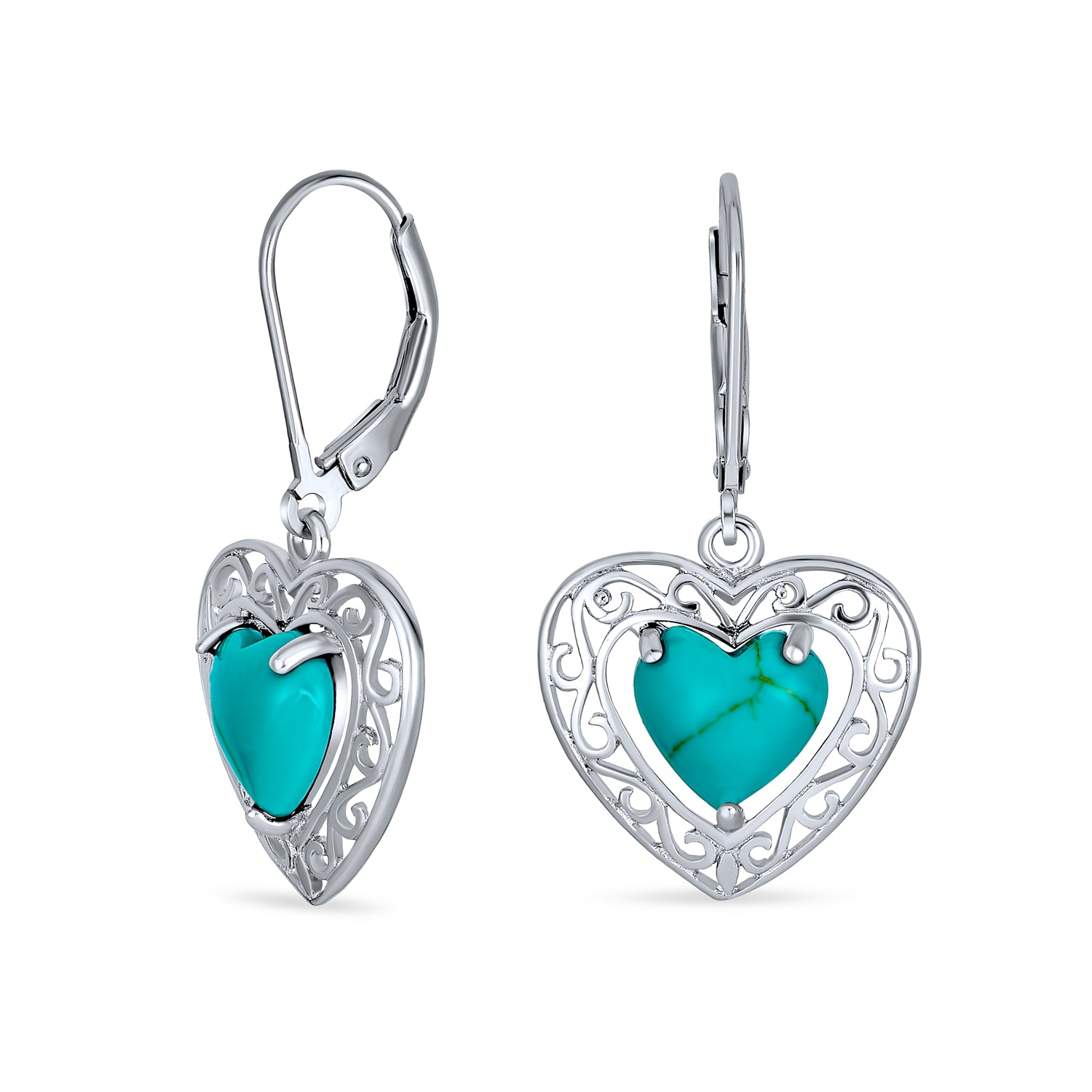 Bali Style Natural Turquoise Heart Shape Drop Earrings Scroll Filigree Sterling Silver Fish Hook