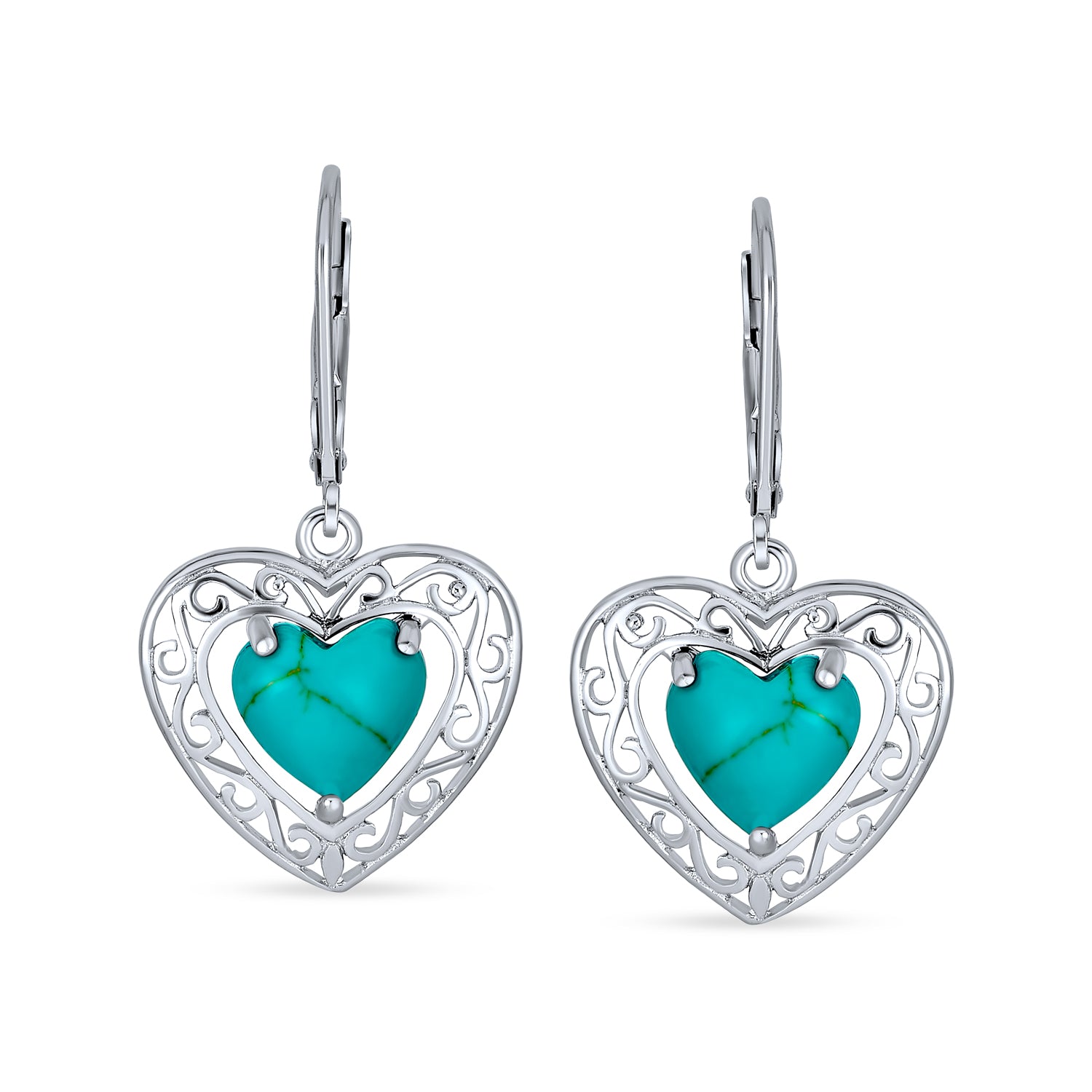 Bali Style Natural Turquoise Heart Shape Drop Earrings Scroll Filigree Sterling Silver Fish Hook