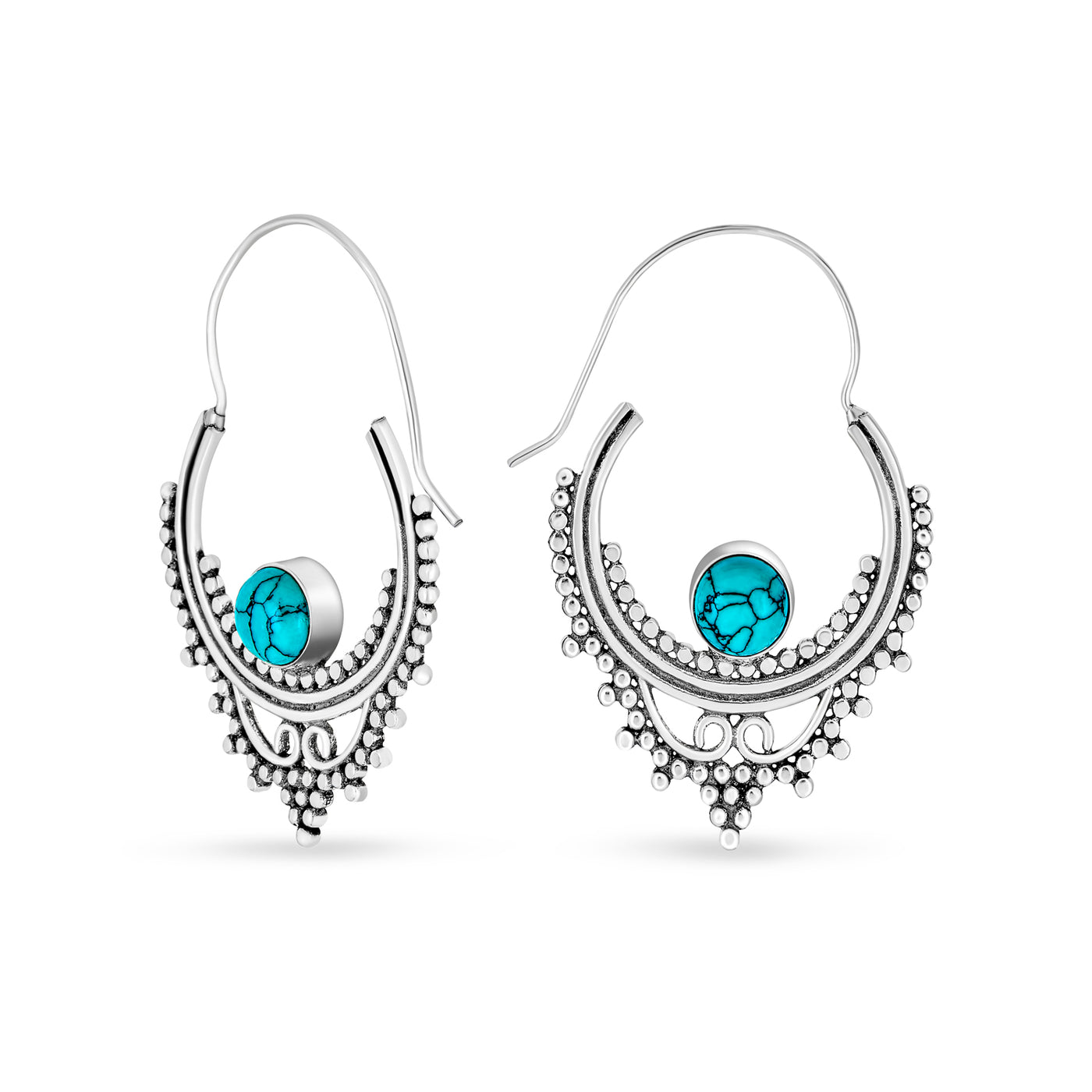 Western Style Boho Hoop Earrings Reconstituted Turquoise Silver Plated