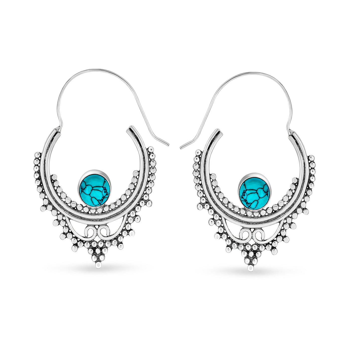 Western Style Boho Hoop Earrings Reconstituted Turquoise Silver Plated