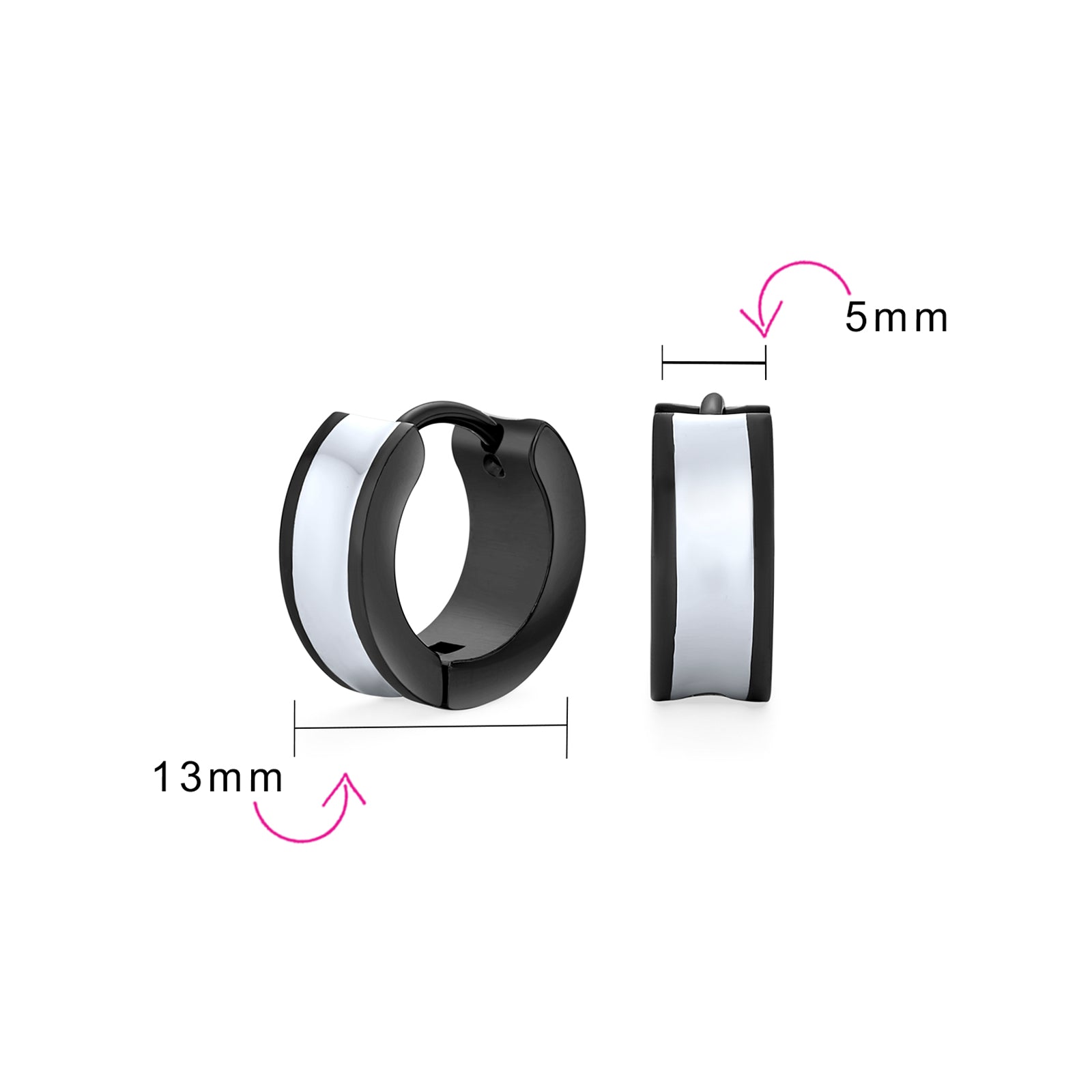 Set of 2 Two Tone Striped Black Enamel Huggie Hoop Earrings Stainless Steel