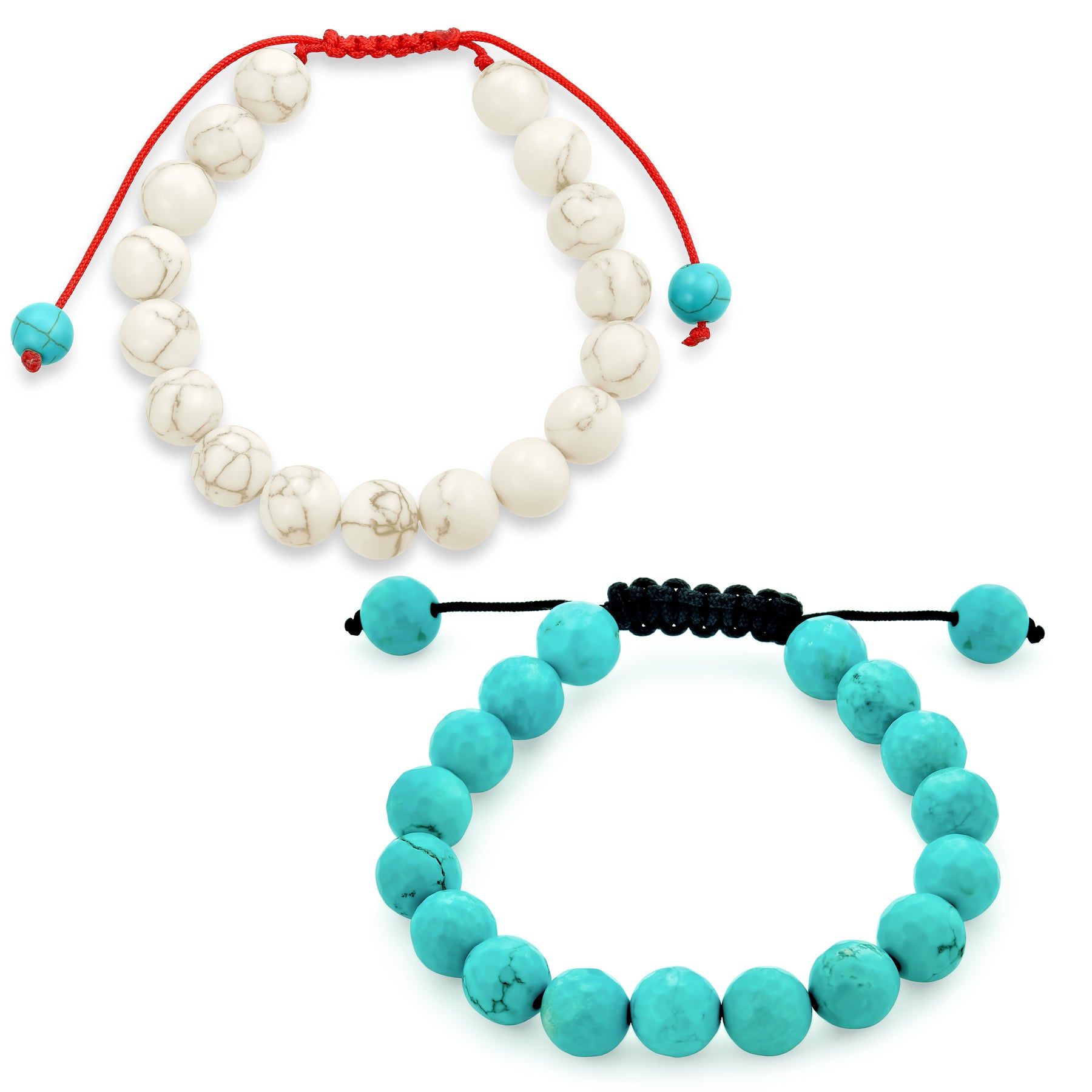 Blue Turquoise White Howlite Shamballa Inspired 10MM Gemstone Bracelet Set of 2 Adjustable